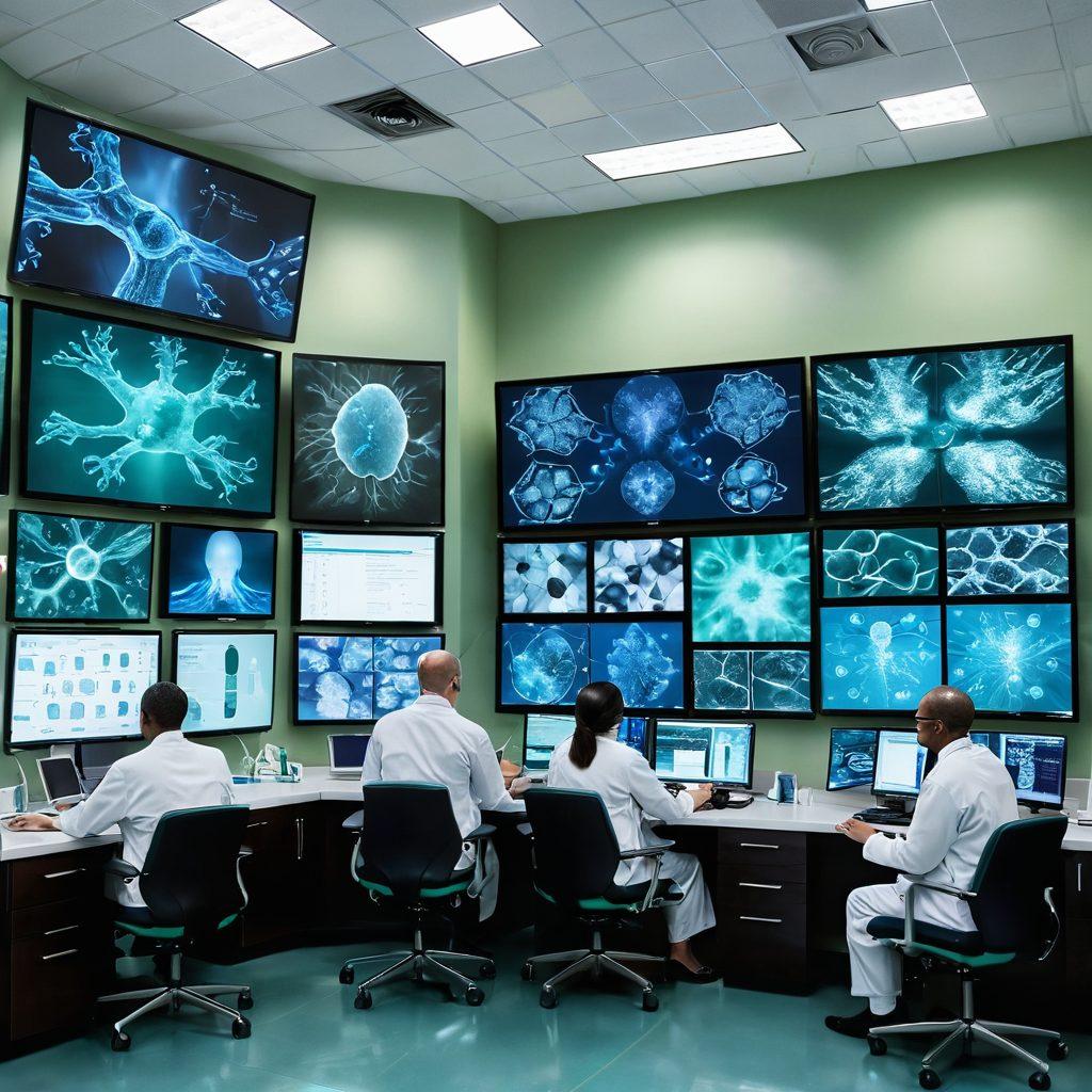 An inspiring collage featuring a diverse group of oncologists collaborating over advanced medical technology, with a backdrop of sleek hospital interiors and digital screens displaying cancer research data. Include dynamic imagery of molecular structures and vibrant cancer cells, blending seamlessly with the professionals' focused expressions. The color palette should be a mix of soothing blues and greens with pops of bright color for emphasis. super-realistic. vibrant colors. contemporary style.