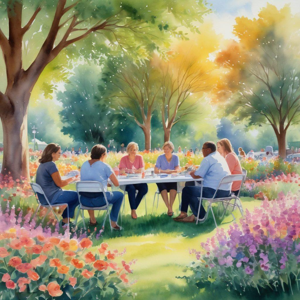 A warm, inviting scene depicting a diverse group of people engaging in a supportive community meeting, surrounded by vibrant flowers symbolizing hope. In the background, a resource table filled with brochures and books about cancer support, while soft sunlight filters through the trees, creating a comforting atmosphere. The expressions of the people reflect resilience and empowerment. watercolor painting. warm colors. soft focus.