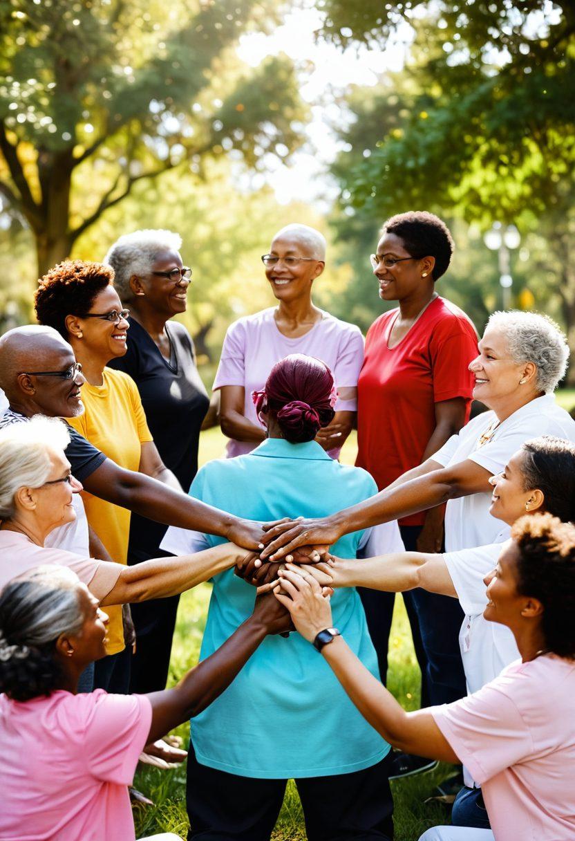 A diverse group of cancer warriors of various ages and backgrounds, gathered in a sunlit park, sharing stories and support. They hold hands in a circle, symbolizing unity and strength, with comforting elements around like a therapy dog, books, and flowers. In the background, a soft focus of a supportive community, with uplifting banners and encouraging messages. Bright, warm colors to convey hope and resilience. super-realistic. vibrant colors. natural light.